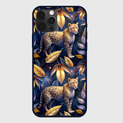 Чехол для iPhone 12 Pro Max Леопард с золотыми листьями паттерны, цвет: 3D-черный
