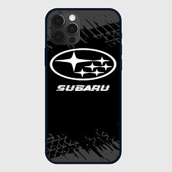 Чехол для iPhone 12 Pro Max Subaru speed на темном фоне со следами шин, цвет: 3D-черный