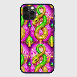 Чехол для iPhone 12 Pro Max Желто-зеленые змеи паттерн, цвет: 3D-черный