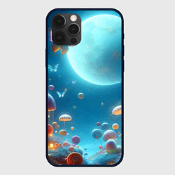 Чехол для iPhone 12 Pro Max Сказочные грибы и бабочки под луной - фантазия, цвет: 3D-черный