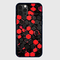 Чехол для iPhone 12 Pro Max Красно-серые шестиугольники на чёрном фоне, цвет: 3D-черный