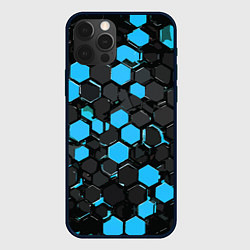 Чехол для iPhone 12 Pro Max Сине-серые шестиугольники на чёрном фоне, цвет: 3D-черный