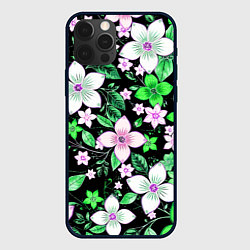 Чехол для iPhone 12 Pro Max Зелёно-белые цветы на чёрном фоне, цвет: 3D-черный