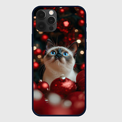 Чехол для iPhone 12 Pro Max Новогодняя белая пушистая сиамская кошка, цвет: 3D-черный