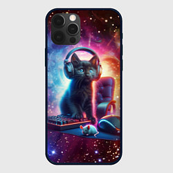 Чехол для iPhone 12 Pro Max Котёнок в наушниках с мышкой в космосе, цвет: 3D-черный