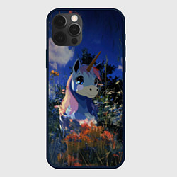 Чехол для iPhone 12 Pro Max Синий единорог в кустах, цвет: 3D-черный