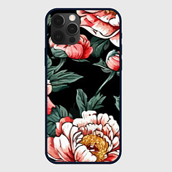 Чехол для iPhone 12 Pro Max Пионы винтажный узор, цвет: 3D-черный