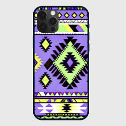 Чехол для iPhone 12 Pro Max Геометрический сиренево желтый орнамент ацтеков, цвет: 3D-черный