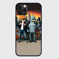 Чехол для iPhone 12 Pro Max Фрай и Бендер на фоне стены с граффити, цвет: 3D-черный