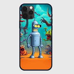 Чехол для iPhone 12 Pro Max Робот-сгибальщик Бендер в окружении монстров, цвет: 3D-черный