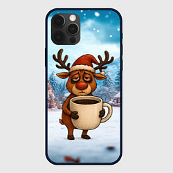 Чехол для iPhone 12 Pro Max Уставший новогодний олень с кофе, цвет: 3D-черный