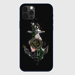 Чехол для iPhone 12 Pro Якорь с компасом и цветами, цвет: 3D-черный