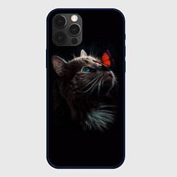 Чехол для iPhone 12 Pro Котик и бабочка, цвет: 3D-черный