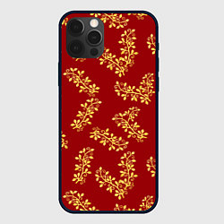 Чехол для iPhone 12 Pro Золотые веточки на ярко красном фоне, цвет: 3D-черный