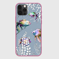 Чехол для iPhone 12 Pro Разноцветные акварельные рыбки и белые водоросли, цвет: 3D-малиновый