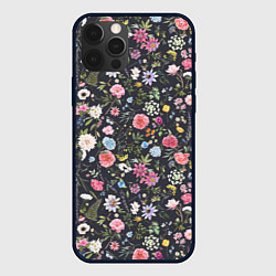 Чехол для iPhone 12 Pro Разные цветы, листья, травы на темном фоне, цвет: 3D-черный