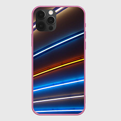 Чехол для iPhone 12 Pro Неоновые фонари на линиях - Голубой и оранжевый, цвет: 3D-малиновый