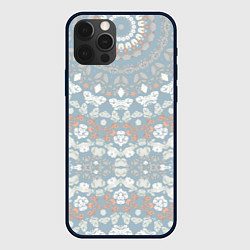Чехол для iPhone 12 Pro Коралловый и серо-голубой, мандала, цвет: 3D-черный