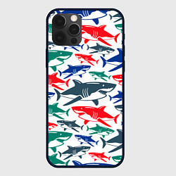 Чехол для iPhone 12 Pro Стая разноцветных акул - паттерн, цвет: 3D-черный