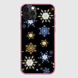 Чехол для iPhone 12 Pro Новый год снежинки на чёрном фоне, цвет: 3D-малиновый
