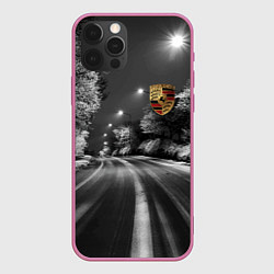 Чехол для iPhone 12 Pro Порше - зимняя дорога, цвет: 3D-малиновый