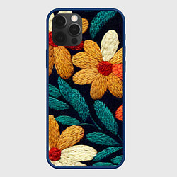 Чехол для iPhone 12 Pro Цветы в стиле вышивки, цвет: 3D-тёмно-синий