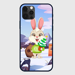 Чехол для iPhone 12 Pro Зайчик с елочкой и подарками, цвет: 3D-черный