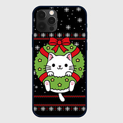 Чехол для iPhone 12 Pro Рождественский венок с котиком, цвет: 3D-черный