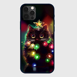 Чехол для iPhone 12 Pro Новогодний котик с гирляндой, цвет: 3D-черный