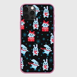 Чехол для iPhone 12 Pro Новогодние голубые кролики, цвет: 3D-малиновый