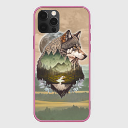 Чехол для iPhone 12 Pro Портрет волка в технике двойной экспозиции, цвет: 3D-малиновый