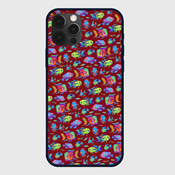 Чехол iPhone 12 Pro Тропические рыбки на бордовом