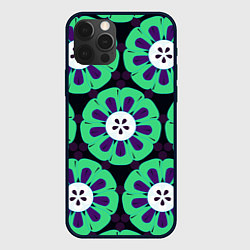 Чехол для iPhone 12 Pro Паттерн голубо-зеленые зубастые цветы, цвет: 3D-черный