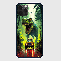 Чехол для iPhone 12 Pro Динозавр в погоне за машиной в джунглях, цвет: 3D-черный
