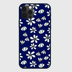 Чехол для iPhone 12 Pro Дудл ромашки на синем фоне - паттерн, цвет: 3D-черный