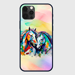 Чехол для iPhone 12 Pro Две разноцветные лошади, цвет: 3D-черный