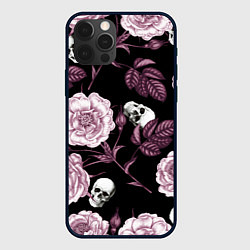 Чехол для iPhone 12 Pro Розовые цветы с черепами, цвет: 3D-черный