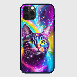 Чехол для iPhone 12 Pro Полосатый кот с разноцветной звездной туманностью, цвет: 3D-черный
