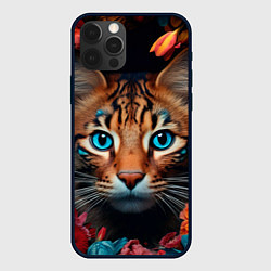Чехол для iPhone 12 Pro Дикая кошечка в цветах - крупный план головы, цвет: 3D-черный