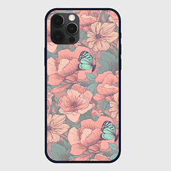 Чехол для iPhone 12 Pro Паттерн с бабочками и цветами, цвет: 3D-черный
