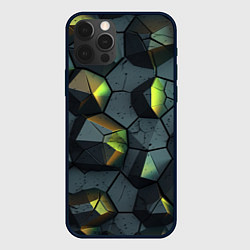 Чехол для iPhone 12 Pro Черная текстура с зелеными камнями, цвет: 3D-черный
