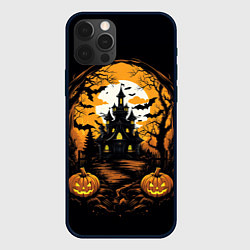 Чехол для iPhone 12 Pro Ночной хэллоуинский замок и тыквы, цвет: 3D-черный