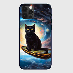 Чехол для iPhone 12 Pro Черный кот на космическом корабле летящий в космос, цвет: 3D-черный
