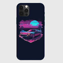 Чехол для iPhone 12 Pro Пальмы и гоночная машина в пурпурном свечении, цвет: 3D-черный