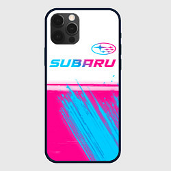 Чехол для iPhone 12 Pro Subaru neon gradient style: символ сверху, цвет: 3D-черный