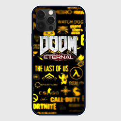 Чехол для iPhone 12 Pro Doom золотые логотипы игр, цвет: 3D-черный