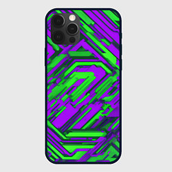 Чехол для iPhone 12 Pro Кибкрпанк полосы фиолетовые и зелёные, цвет: 3D-черный