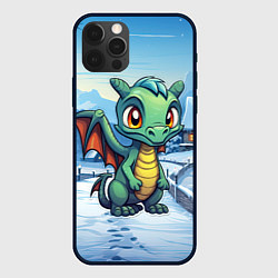 Чехол для iPhone 12 Pro Зеленый дракошка в городе, цвет: 3D-черный