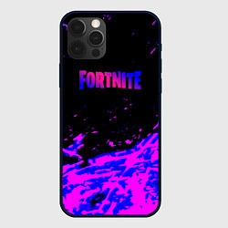 Чехол для iPhone 12 Pro Fortnite neon logo steel, цвет: 3D-черный