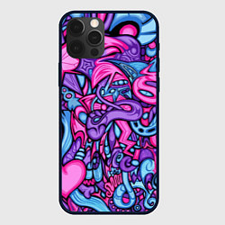 Чехол для iPhone 12 Pro Узор розово-фиолетовый черепа и сердца, цвет: 3D-черный